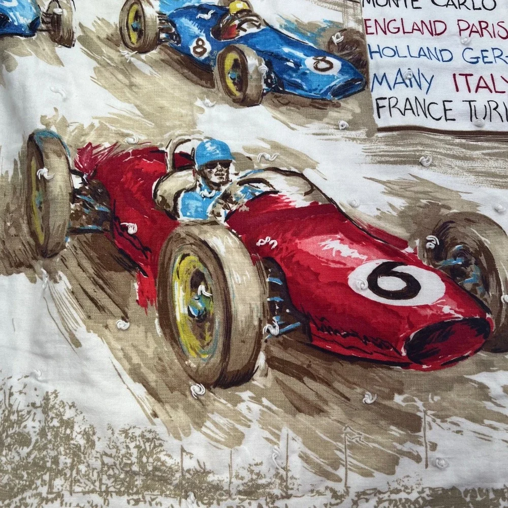 VTG 60s Grand Prix Race Car Hand Tied Quilt Blanket 51x87 Novelty Cotton Textile